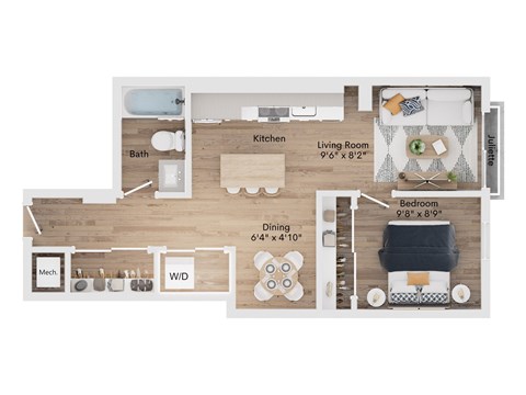A floor plan of a small apartment with a kitchen, living room, bedroom, bathroom, and a workspace.